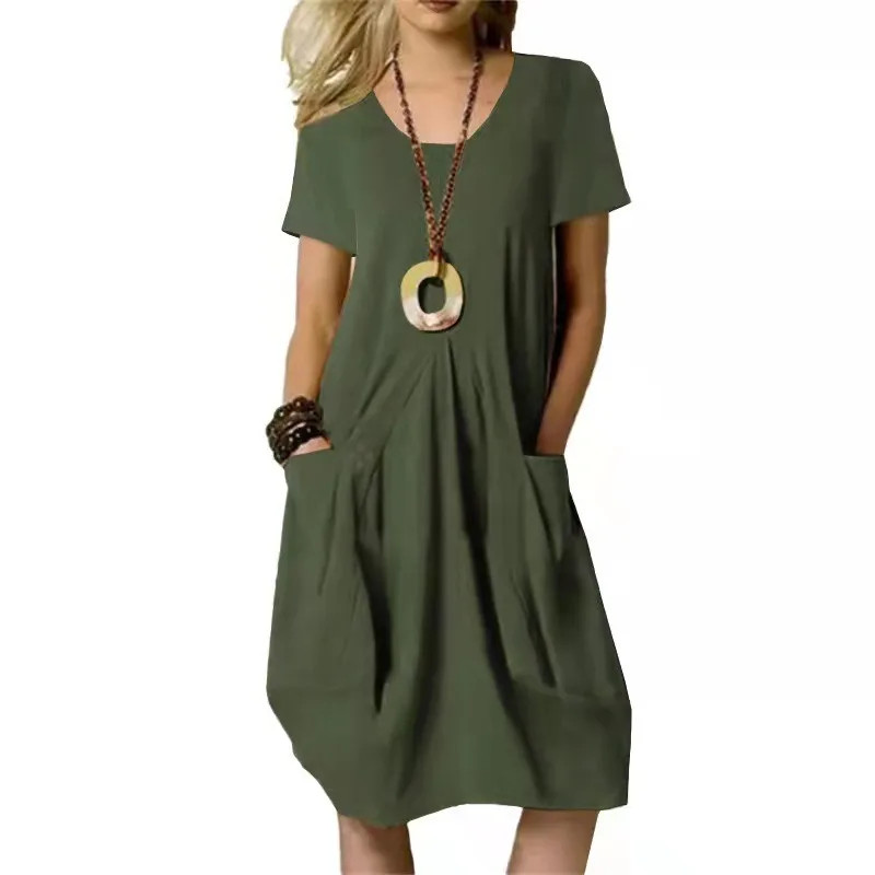 Women Round Neck Short Sleeve Double Pocket Loose Cotton Linen Knee Length Dress