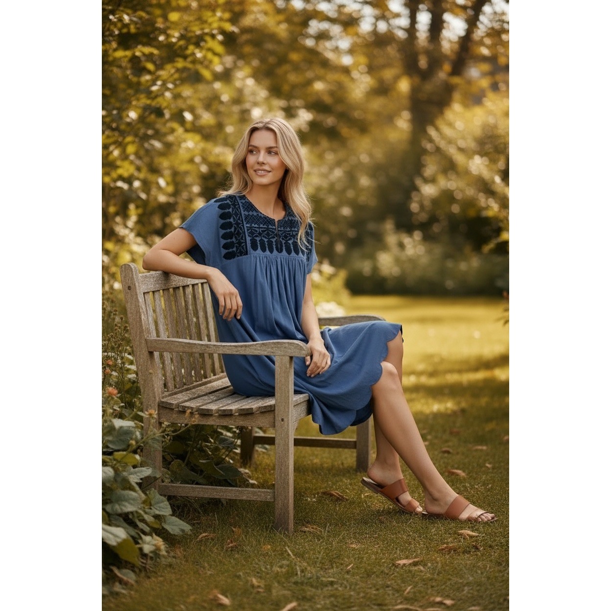 GAP Womens Blue Embroidered Split Neck Short Sleeve Cotton Blend Shift Dress S