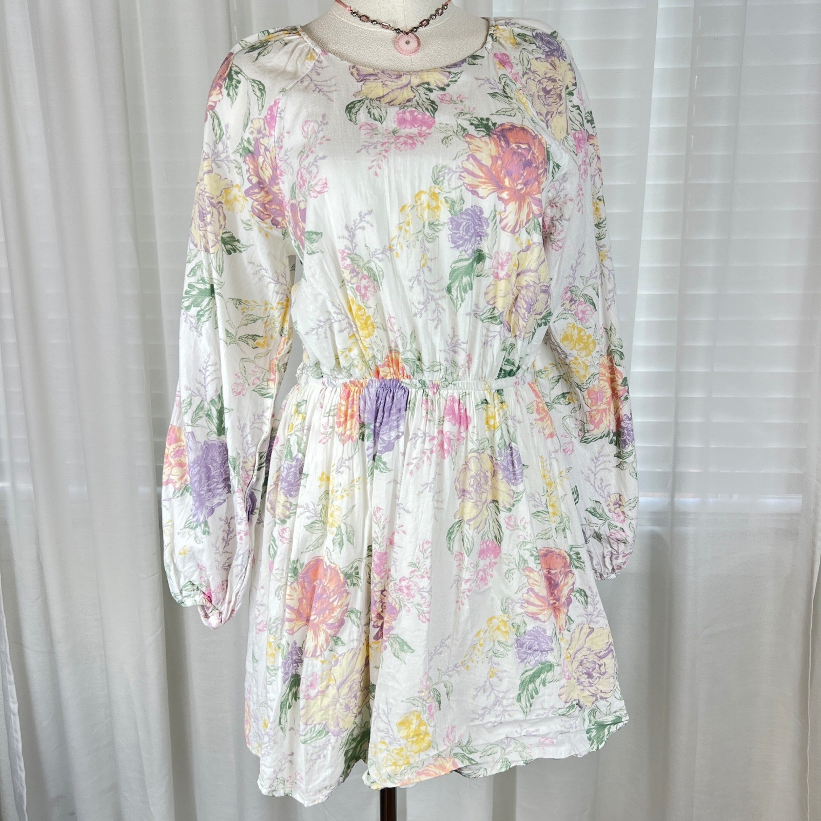 H&M Divided Floral Open Back Mini Dress White Pink Yellow Cotton Size S Small