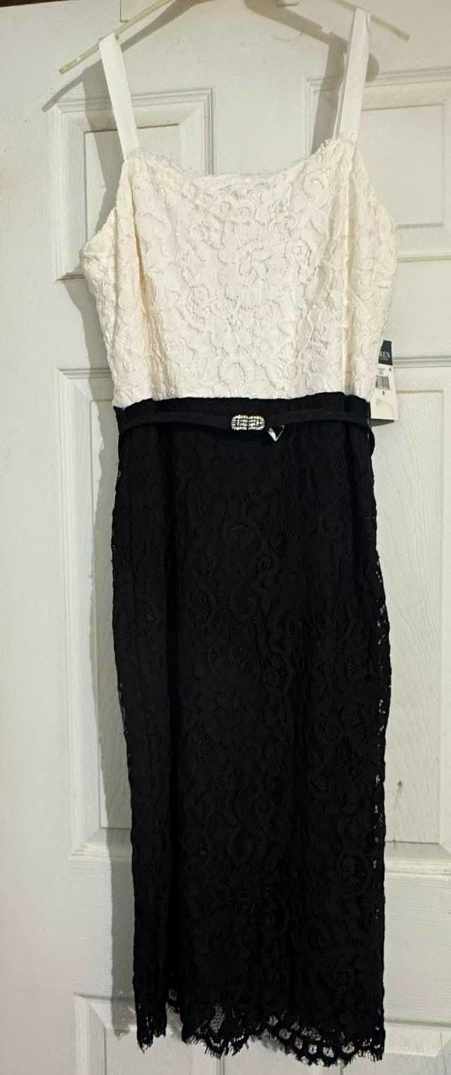 Lauren Ralph Lauren Pencil Dress Lace Belted Long Spaghetti Strap Size 8