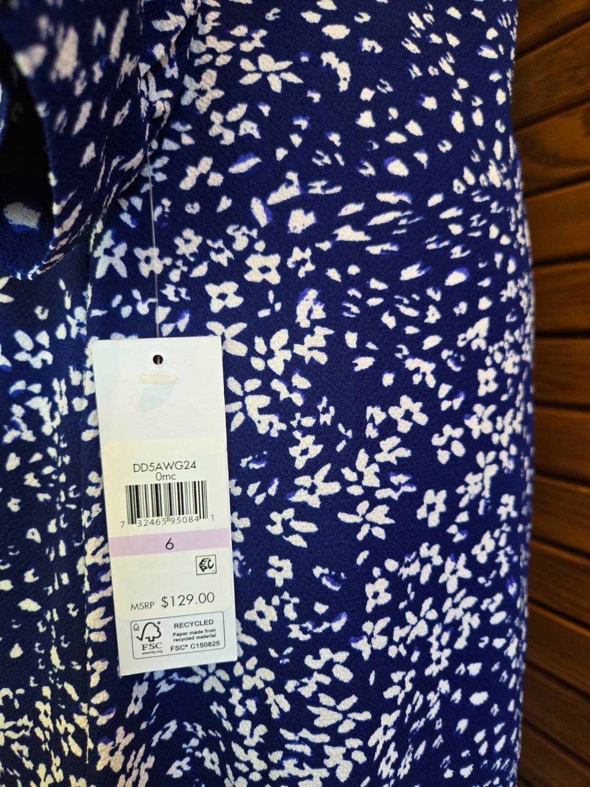NWT DKNY Dress 3/4 Sleeve Button Down Blue White Rouched Waist Size 6
