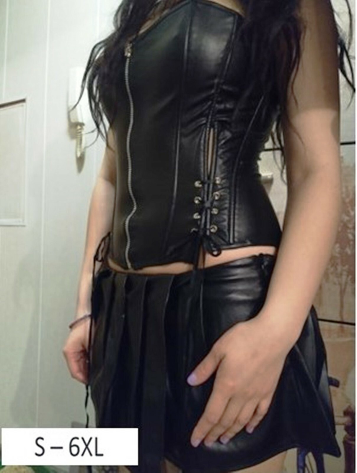 Women Gothic Faux Leather Dominatrix Lingerie Black Femdom Corset & Skirt Dress