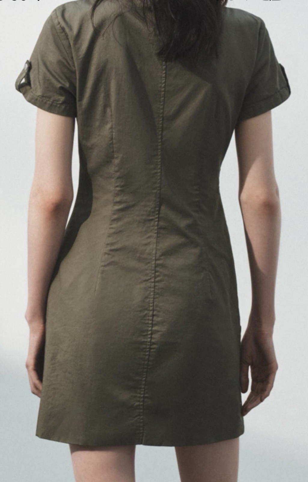 Zara Cotton Green Solid Shift Dress S Collared Zip Front Short Sleeve Pockets