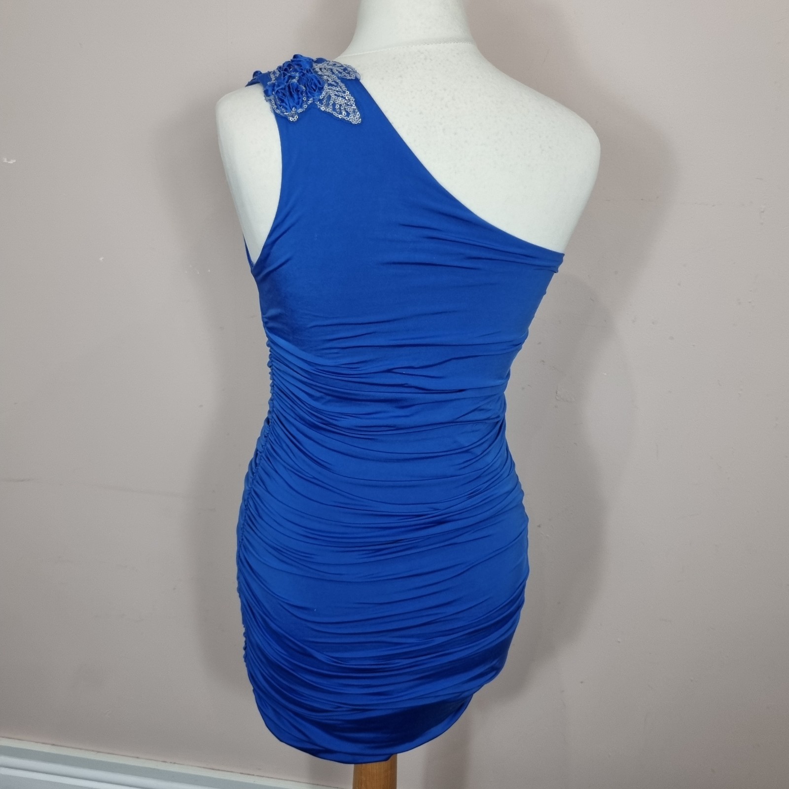 Vintage Jane Norman One Shoulder Blue Mini Ruched Dress Size 10 To 12