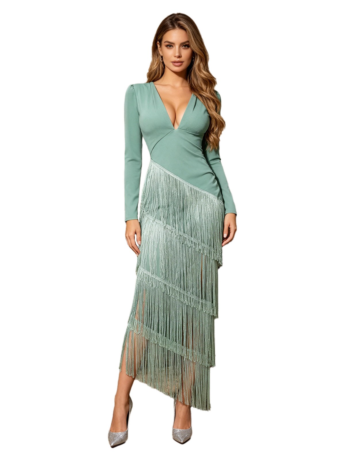 US Womens Spliced Tassel V Neck Maxi Dress Fringe Hem Guest Party Formal Dresses
