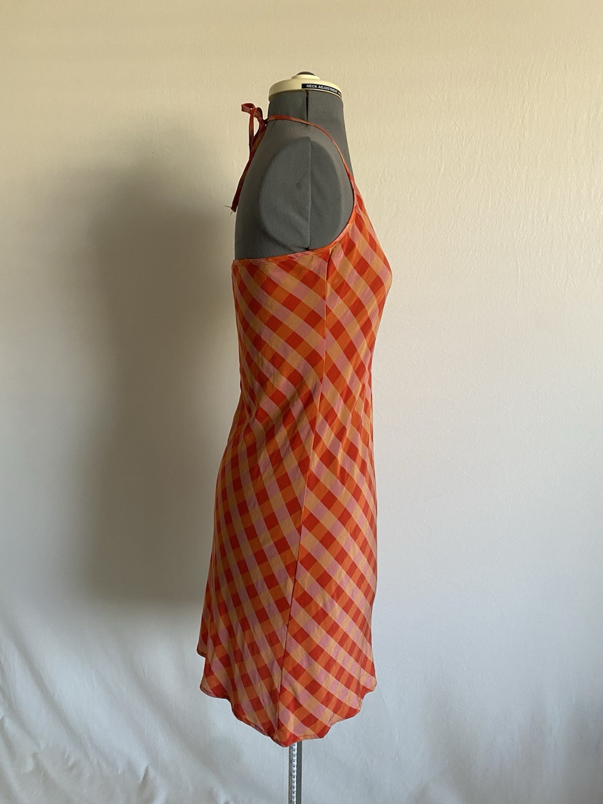 LHD 100% Silk Orange Pink Gingham Halter Mini Dress Open Back Size 4
