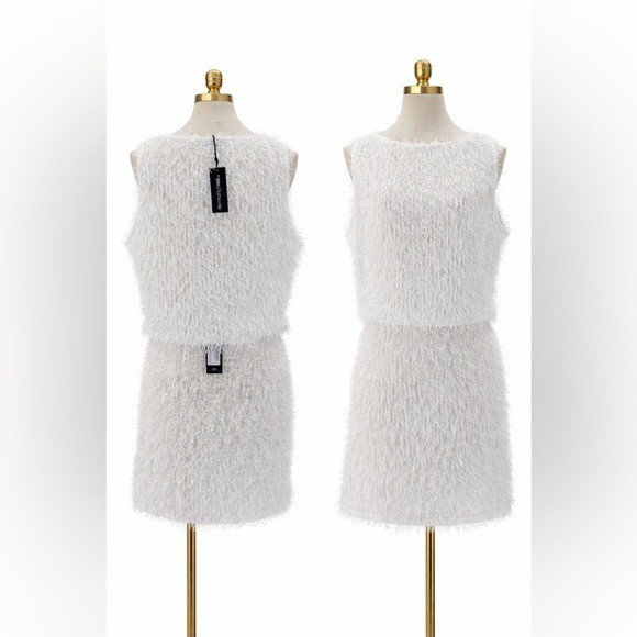 PrettyLittleThing Plus White Fluffy Glitter Knit Two-Piece Mini Skirt Set