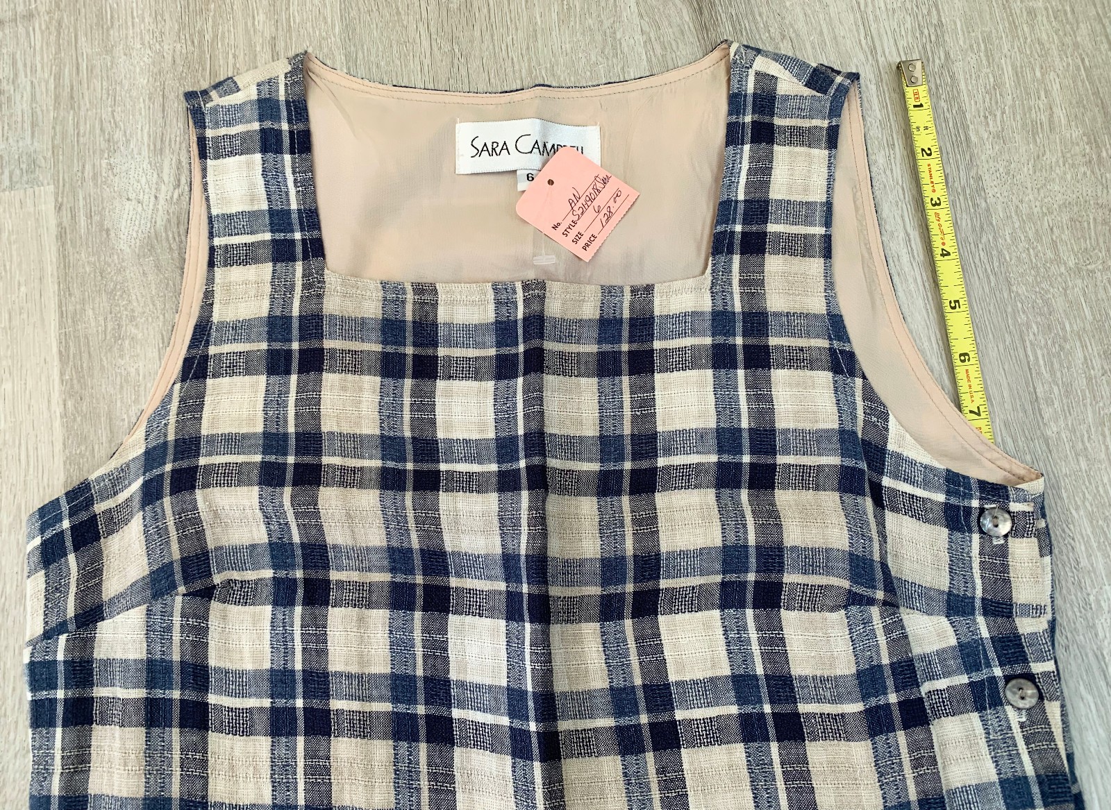 NWT Sara Campbell Square Neck, Sleeveless Plaid Dress with Side Buttons , sz. 6