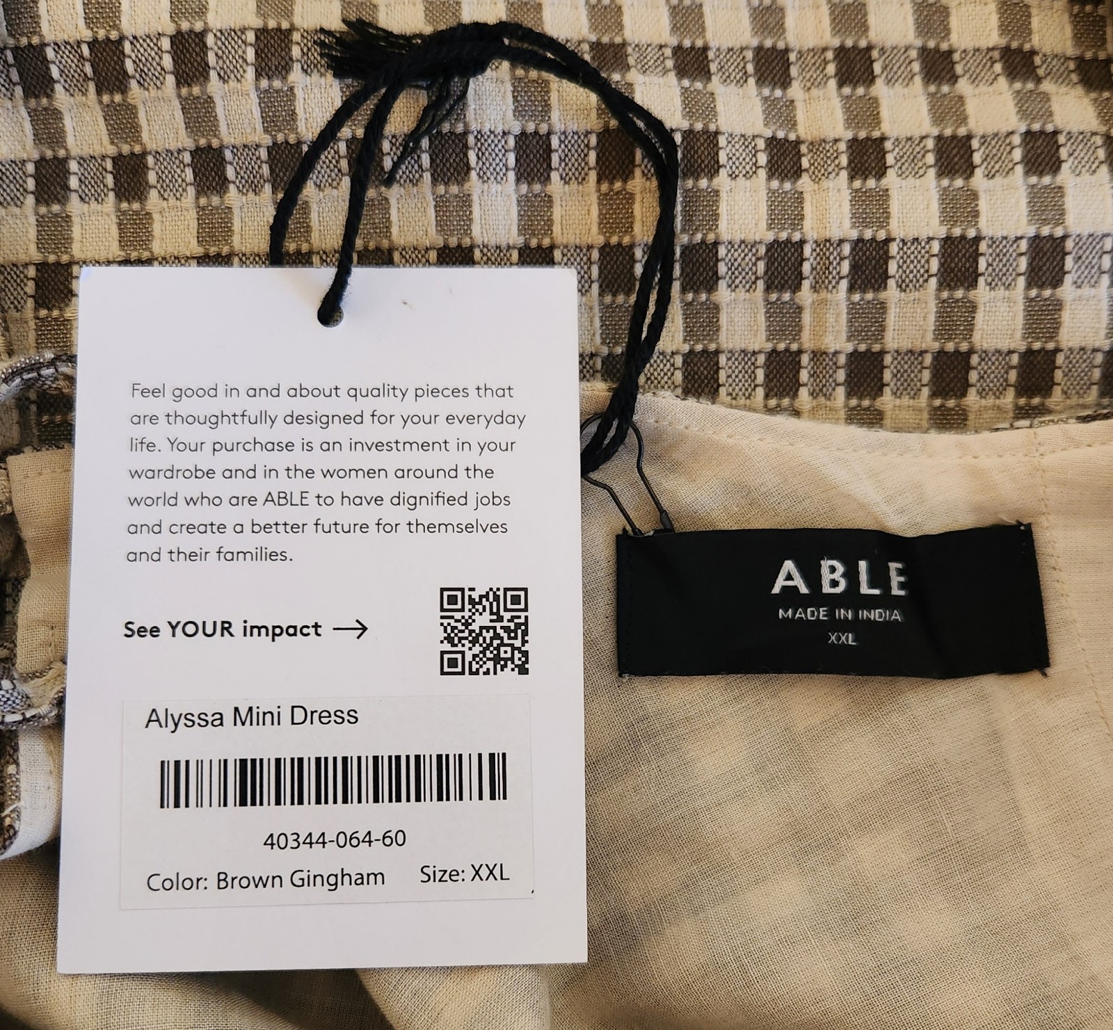 NWT ABLE Brown Gingham Cotton Blend Alyssa Mini Lined Peasant Dress Size XXL