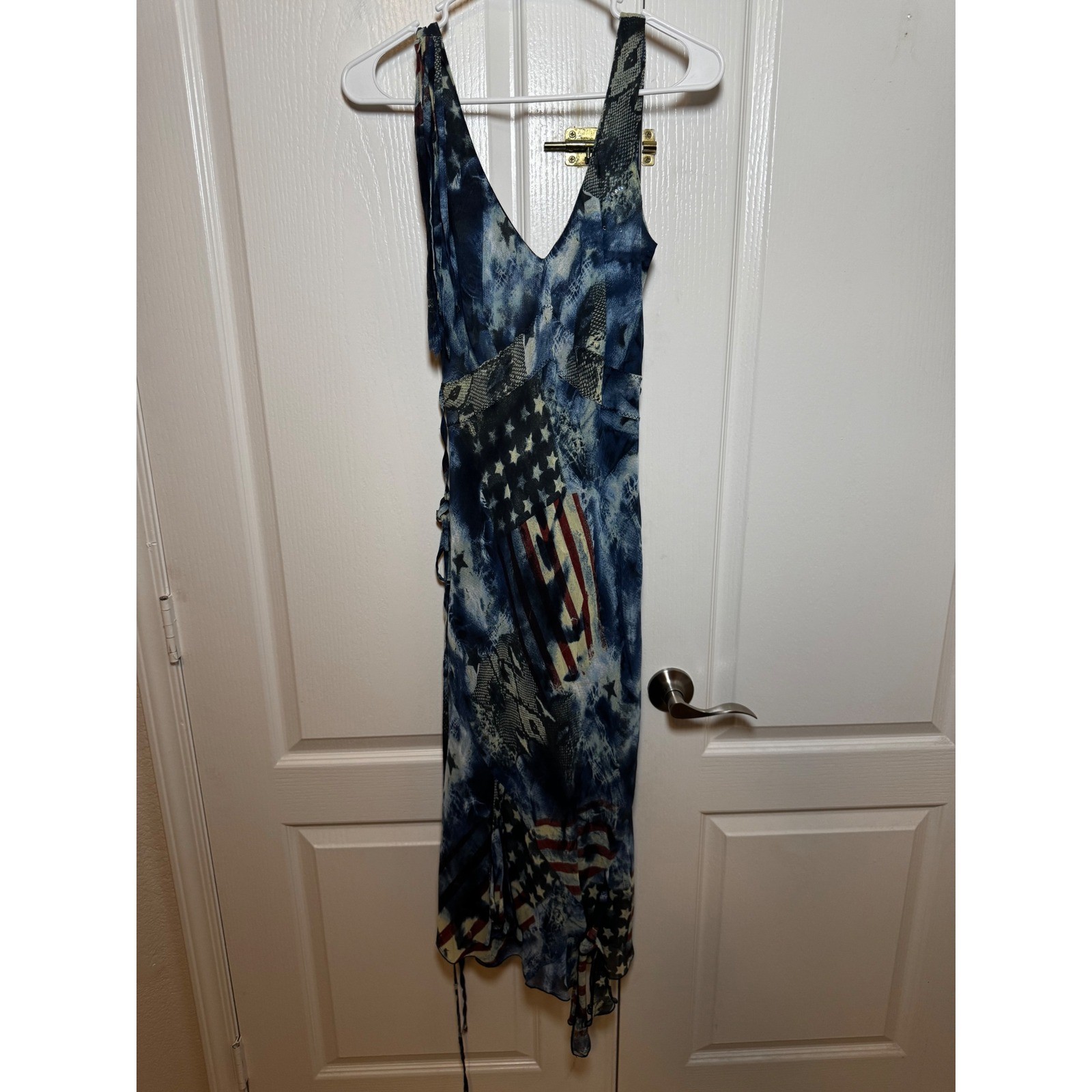 Sandro Womens American Flag Patchwork Snakeskin Print Fringe Midi Dress Blue