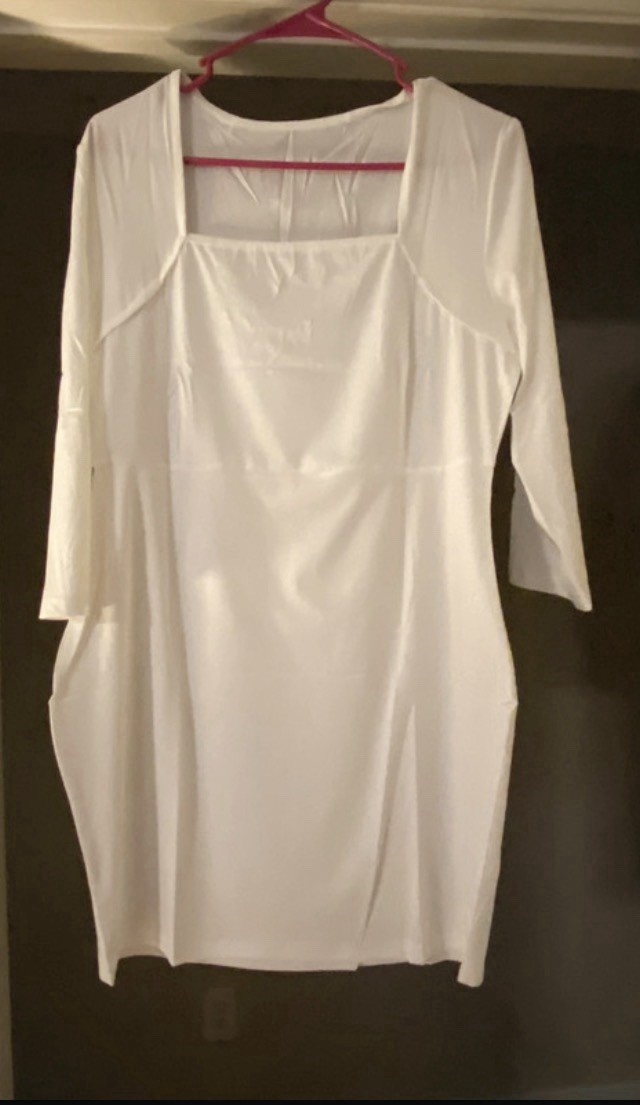 Women’s White Solid Knit Bodycon Mini Dress, Square Neck 3/4 Sleeve, XL