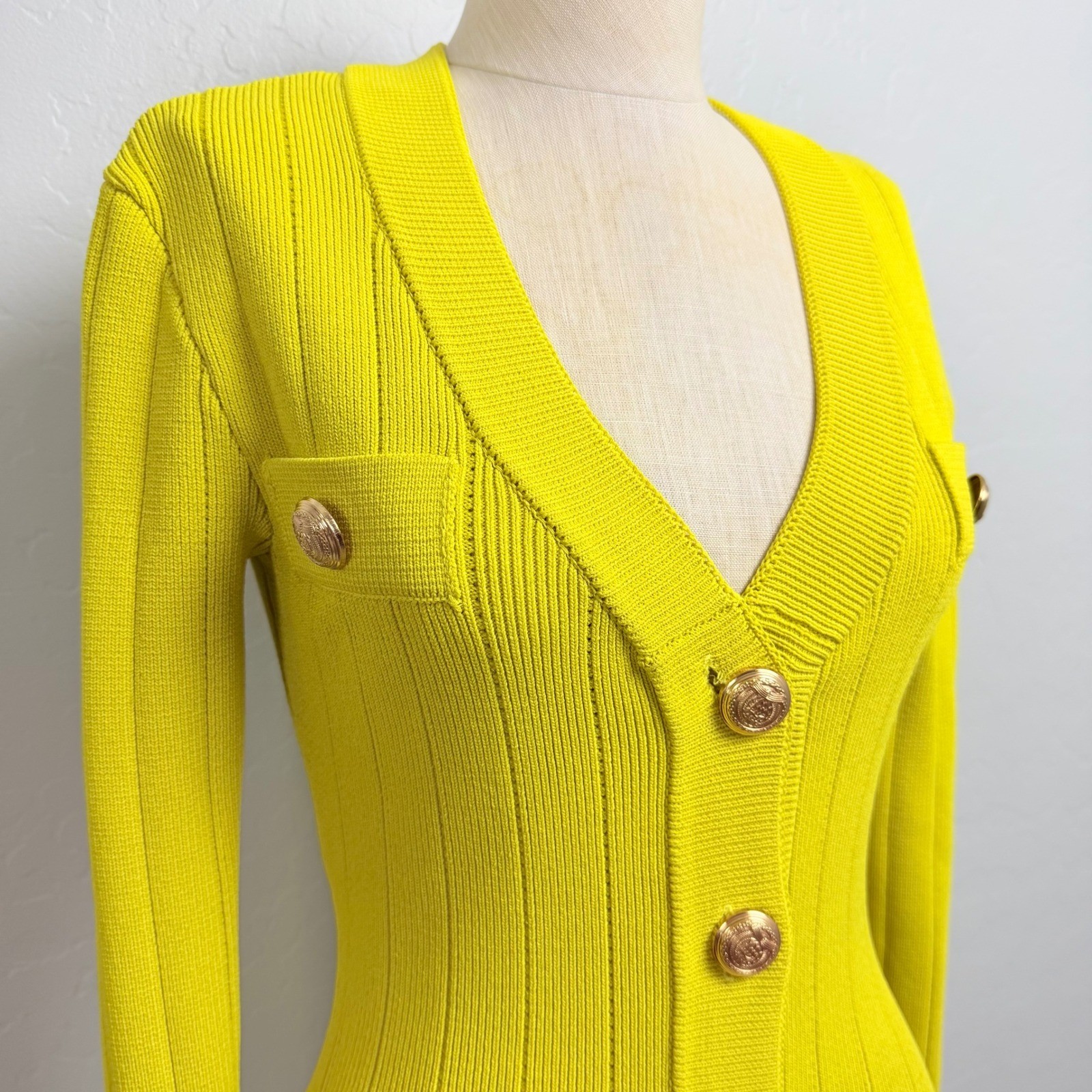 Endless Rose Lime Yellow Ribbed Knit Button Down Mini Dress Gold Crest Button XS