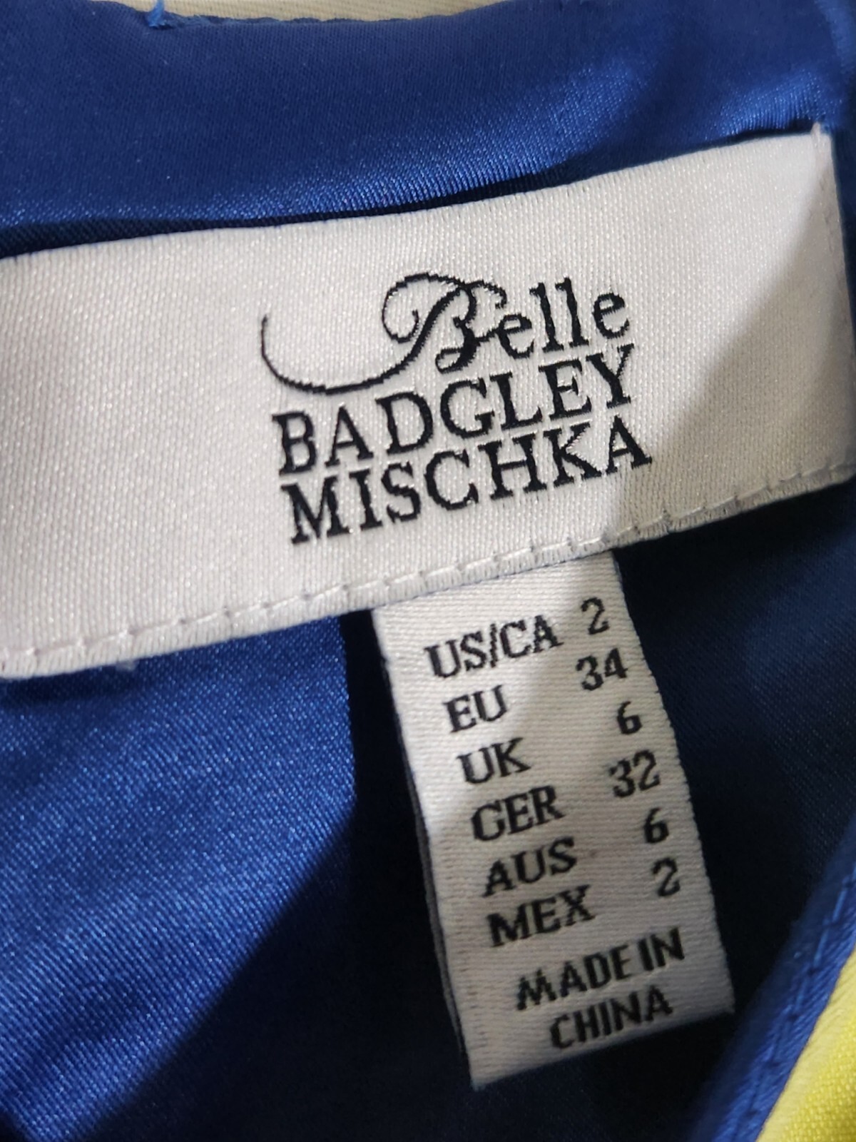 Belle Badgley Mischka Pencil Sheath Dress Womems Size 2 Yellow Blue Color Block