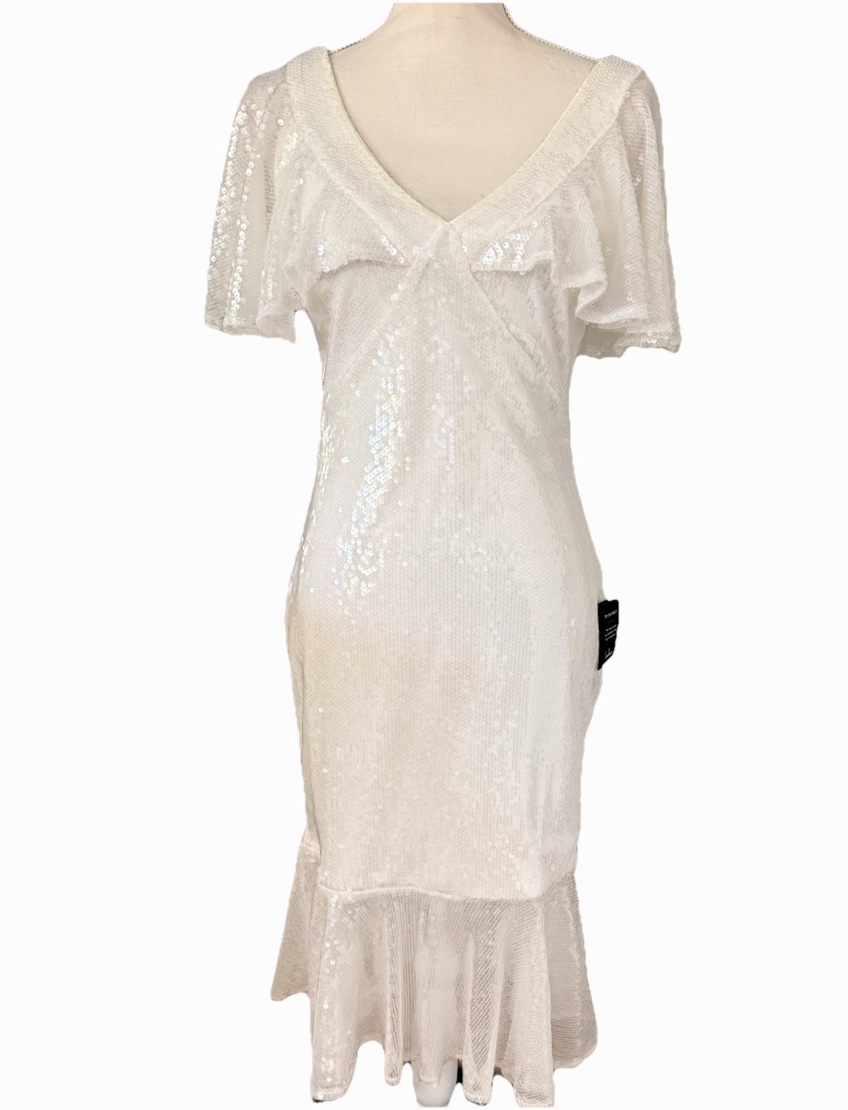 New W/Tags Lulus Iridescent Sequin Midi Dress Ruffle Neckline Sleeves Sz M