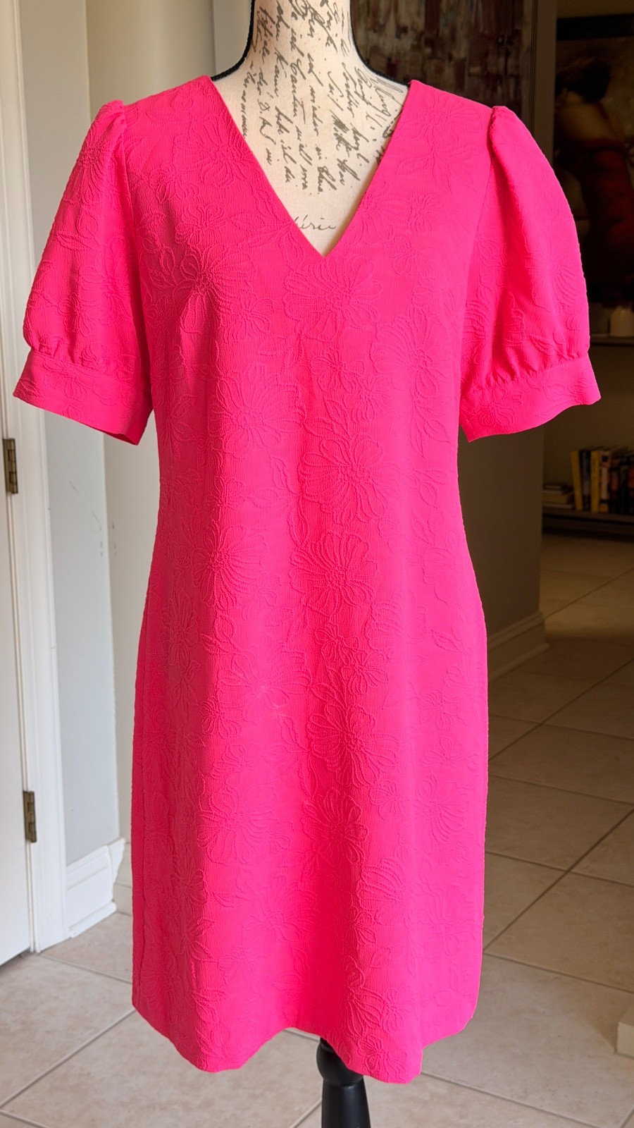NWT Tommy Hilfiger Blossom Jacquard Puff Sleeve Dress Pink V-Neck Sz 12 Floral