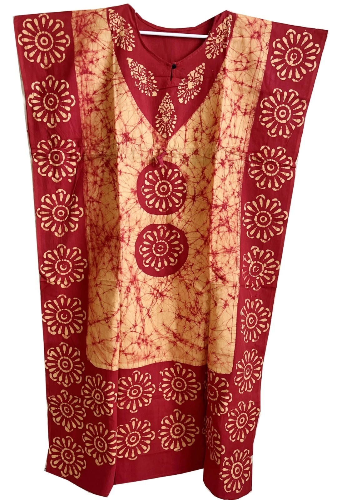 Women’s Batik Kaftan Yellow Red Boho Cotton Round Neck Ankle Length Beach Dress