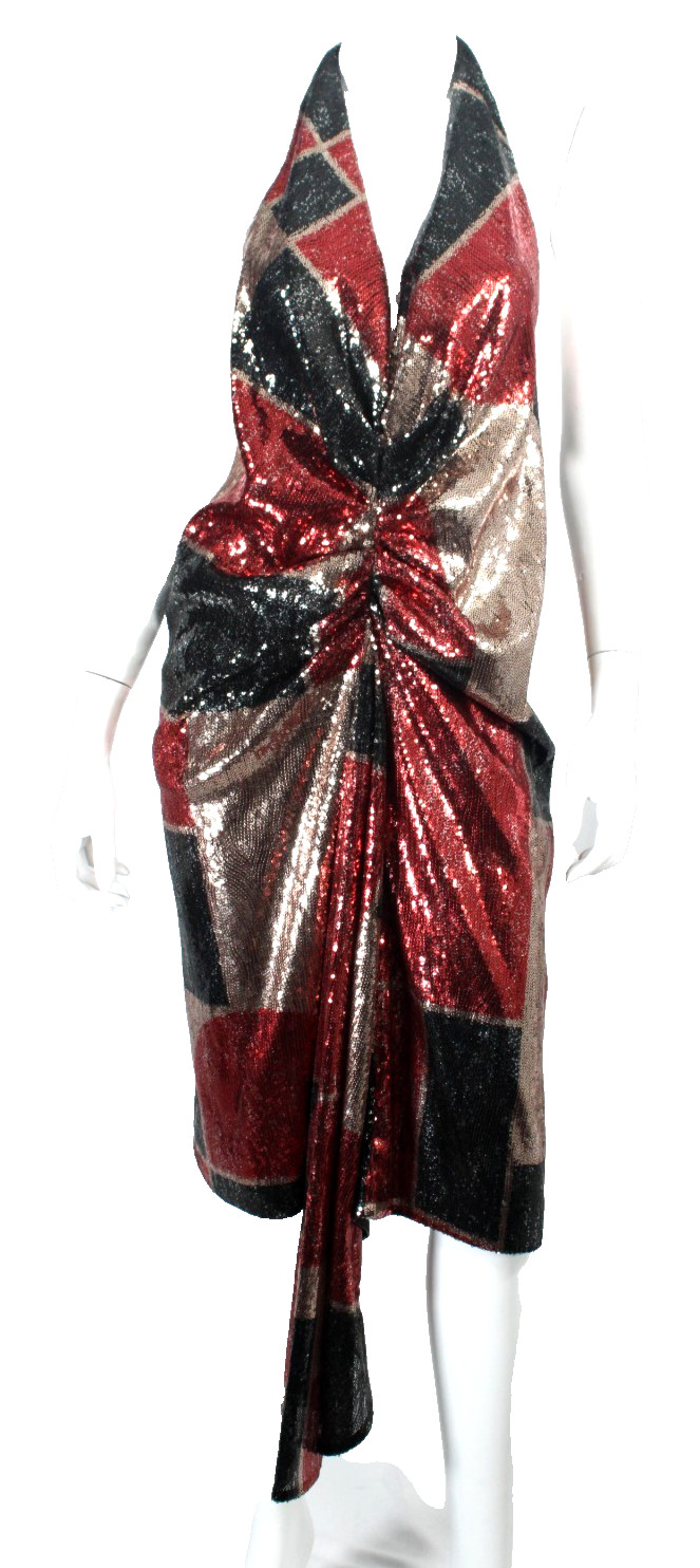 HALPERN Red, Black & Gold Argyle Sequined Halter Neck Sleeveless Dress 36