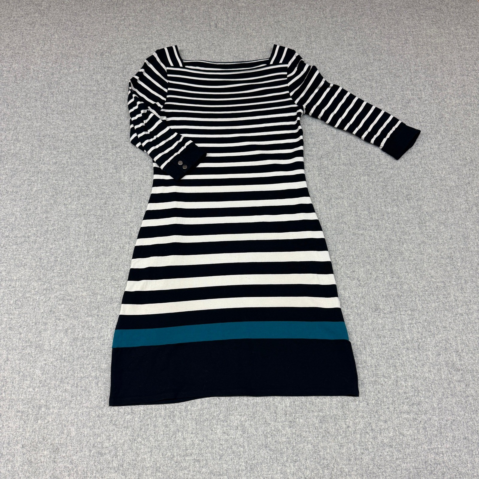 White House Black Market Striped Sheath Dress Small Black White Teal Button Cuff
