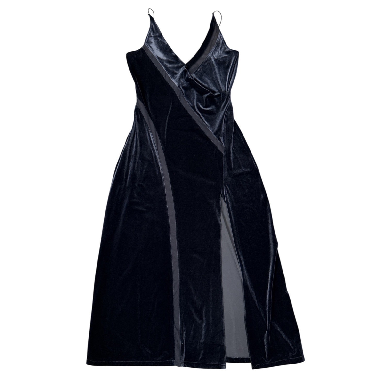 Free People Midi Dress Women Med Black & Grey Velvet Mesh Slit V-Neck Sleeveless