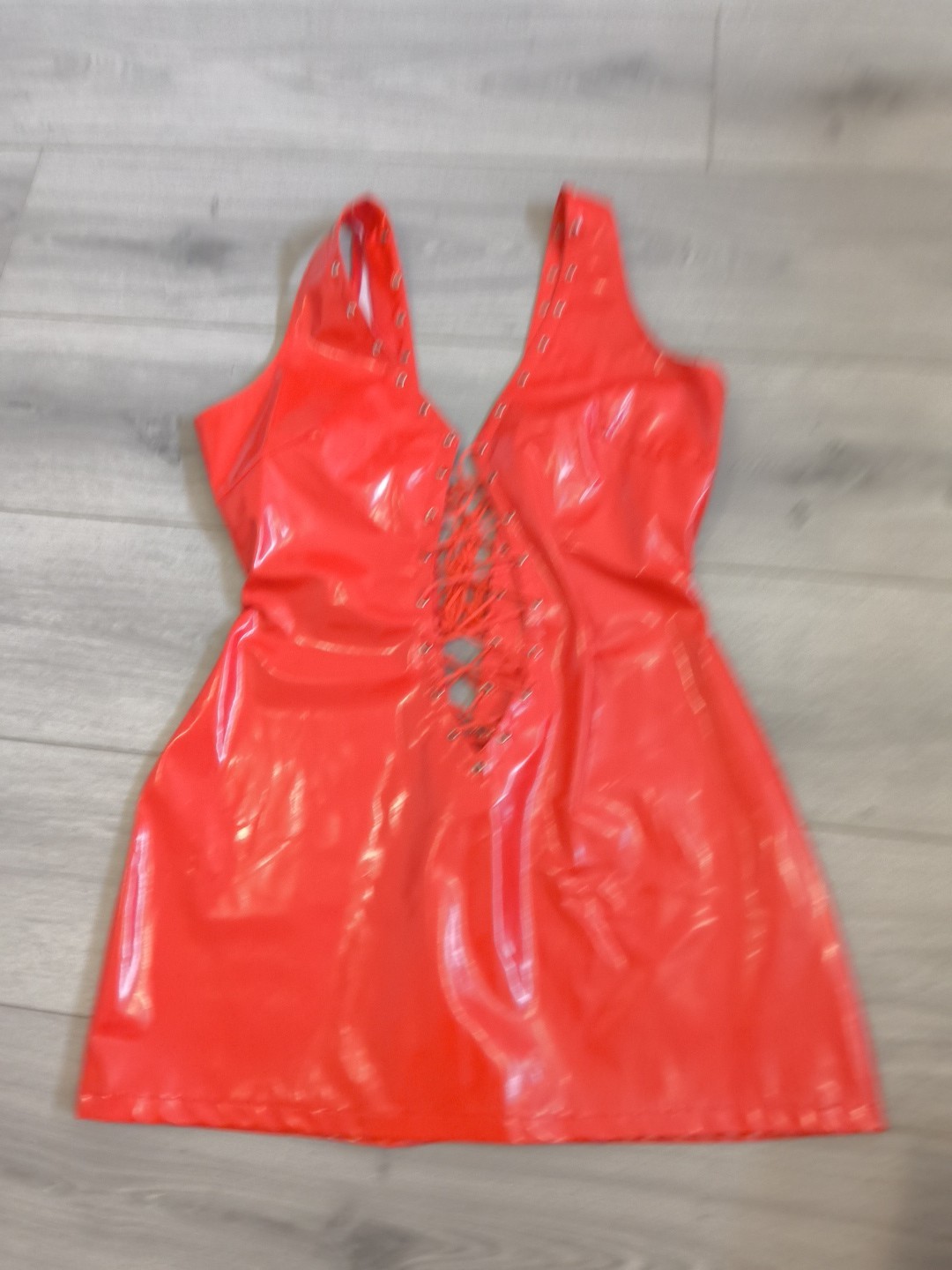 BNWOT Bright Red PVC Plunge Neck Lace Up Front & Back Bodycon Dress Size 10-14
