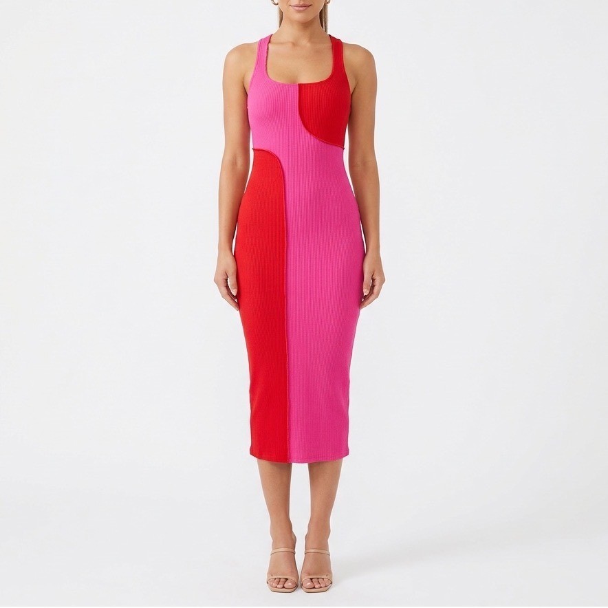 Naked Wardrobe Pink Red Colorblock Ribbed Midi Dress XS Racerback