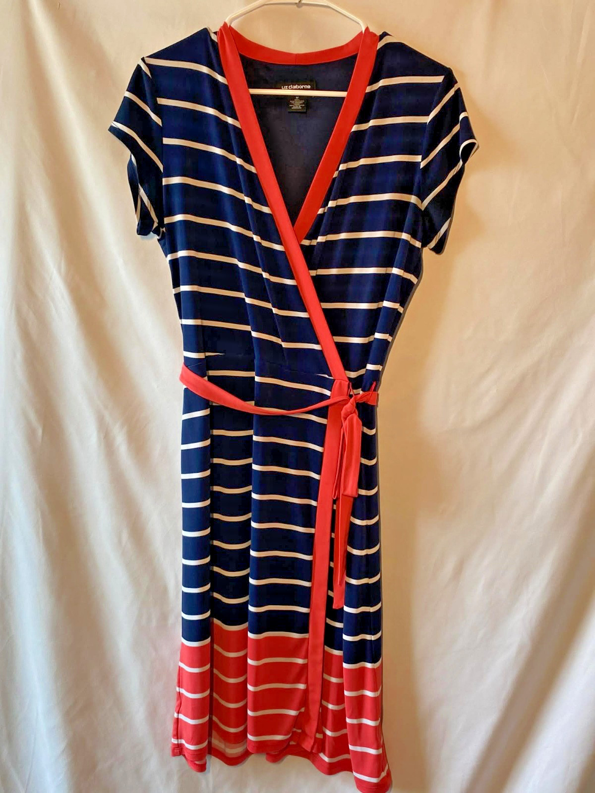 Navy Coral Striped Wrap Dress Tie Waist Work Office Teacher Midi Women’s Sz. Med