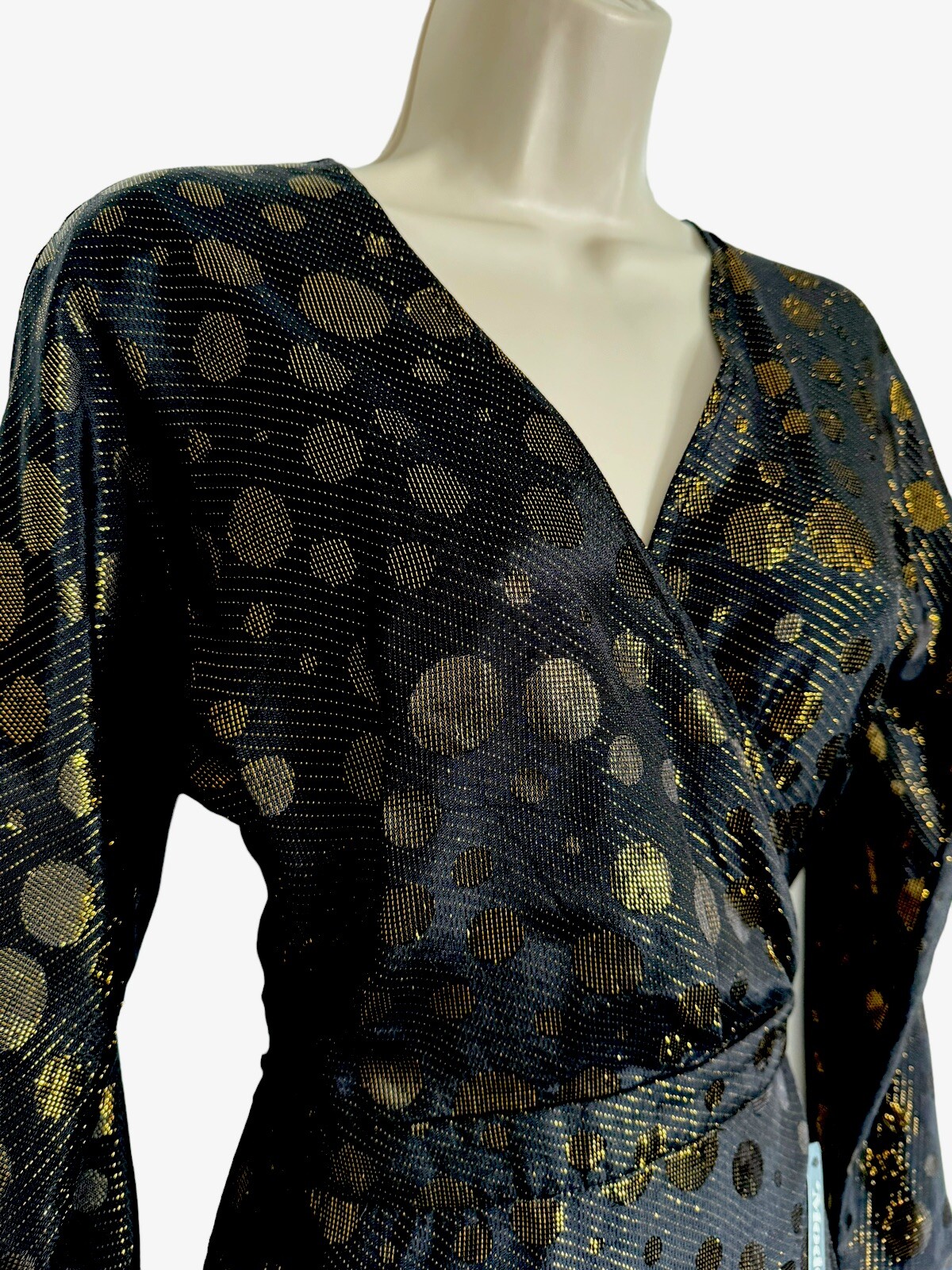 New Modcloth Golden Record Party Wrap Dress Womens Size small belted black gold
