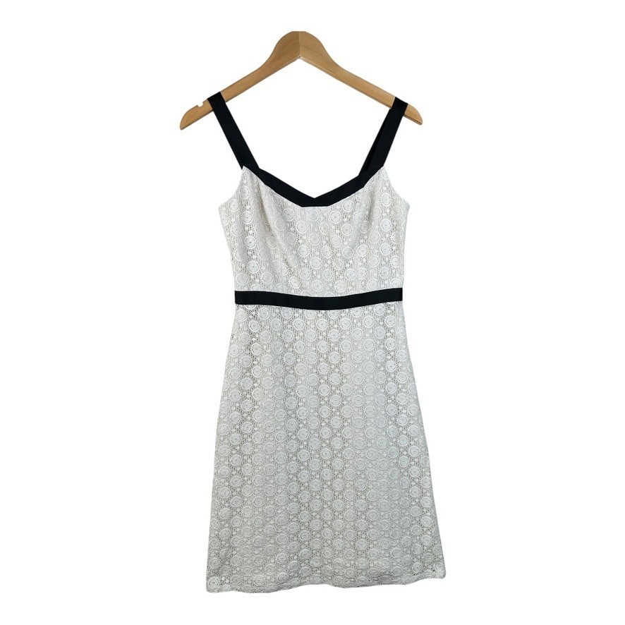 ANN TAYLOR LOFT BLACK TRIM IVORY LACE SLEEVELESS DRESS SIZE 2 Petite