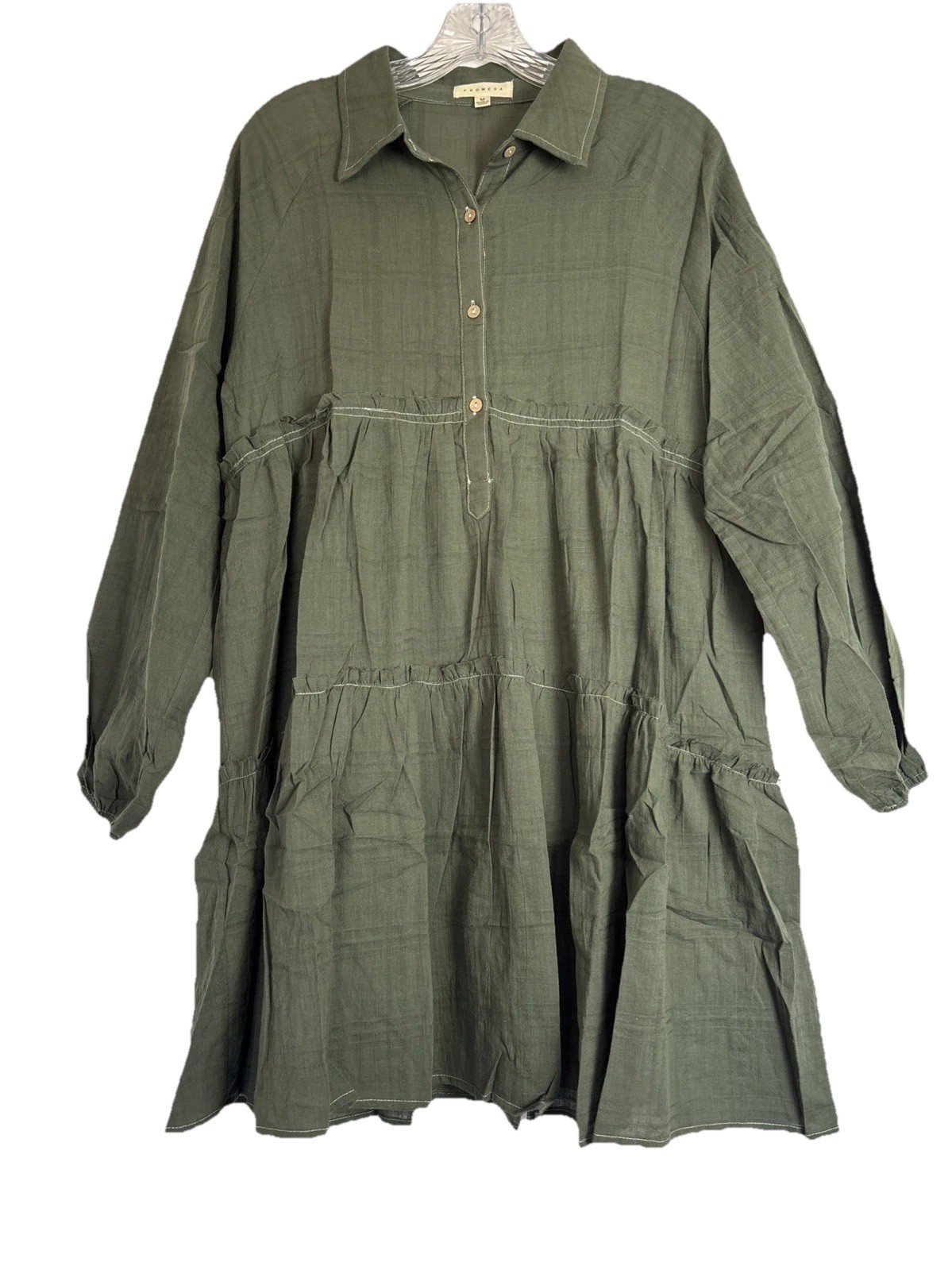 Promesa Olive Green Tiered Babydoll Mini Dress Long Sleeve Contrast Stitch M