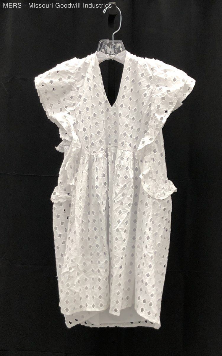 Karlie Women’s White Eyelet Geometric Ruffle Cotton V-Neck Dress NWT Sz L
