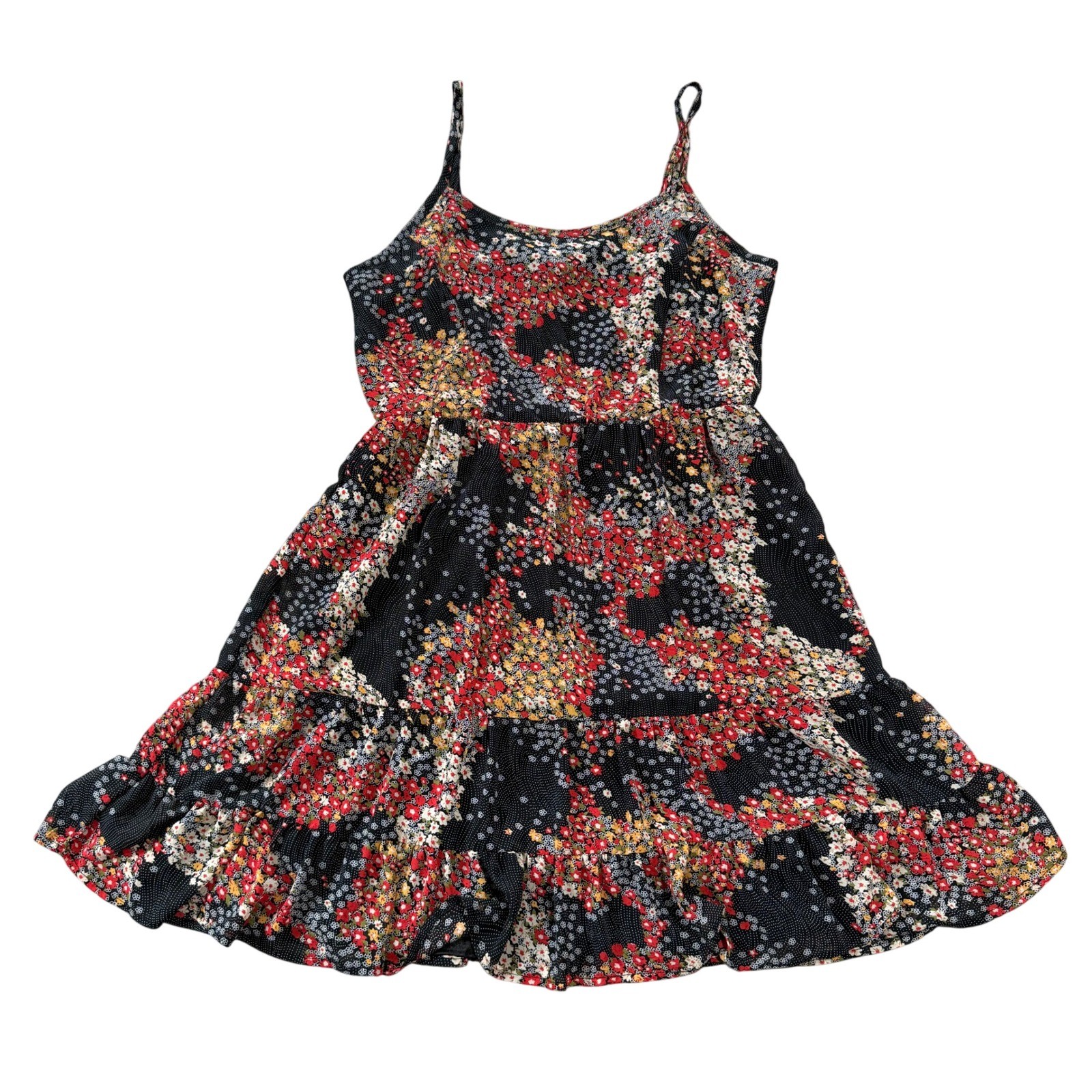 American Rag Dress Womens Large Black Floral Tiered Boho Spaghetti Strap Flowy
