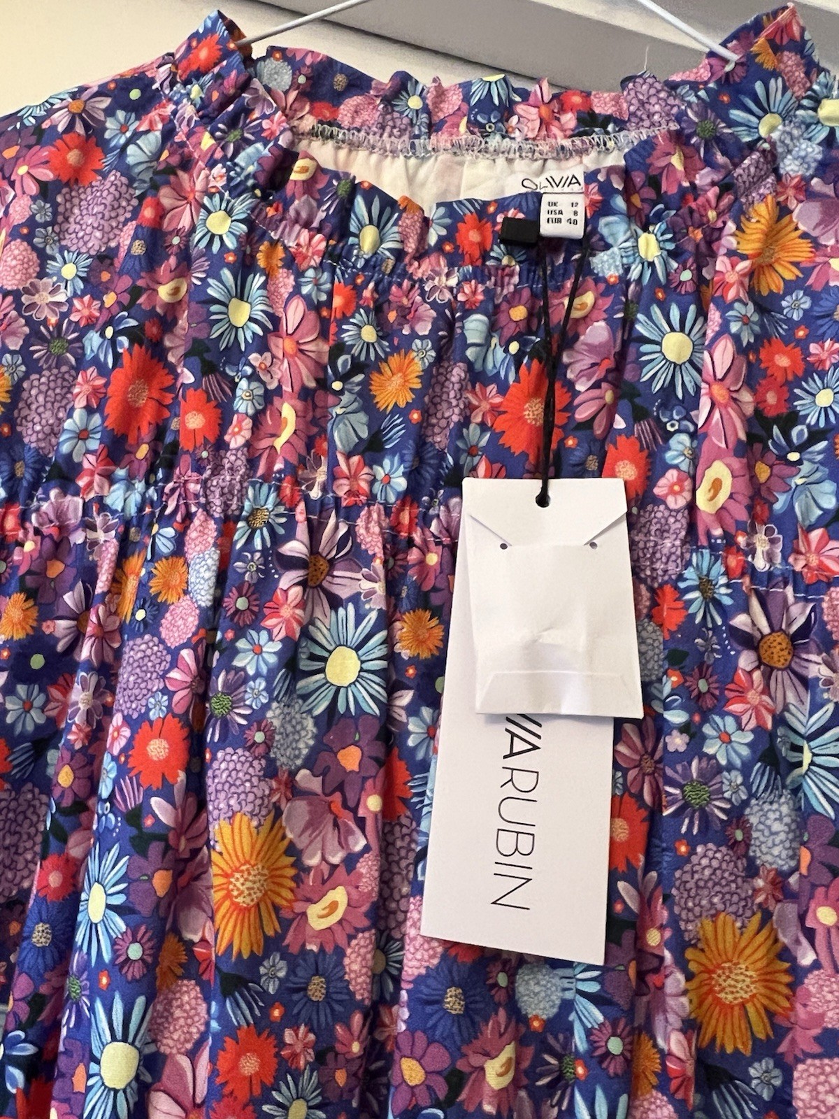 New Olivia Rubin Tammy Blue Mini Floral Cotton Midi Dress,UK 12