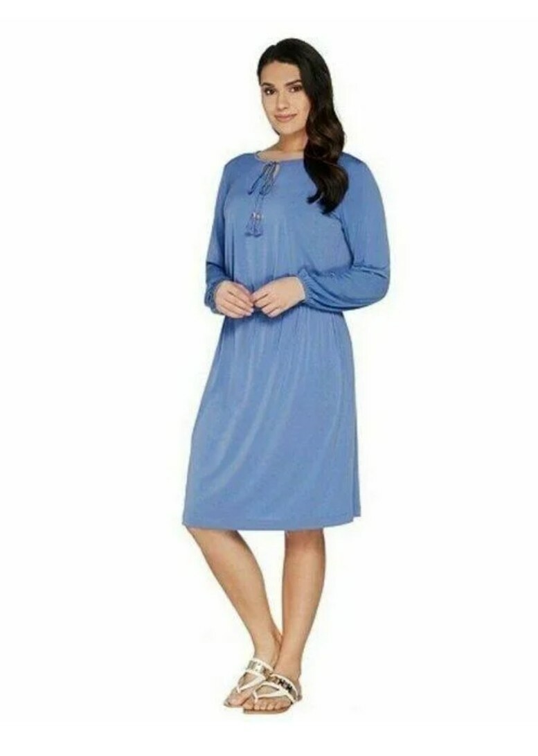 Belle Kim Gravel 1x dress women plus size tassled peasant iris blue ruched waist