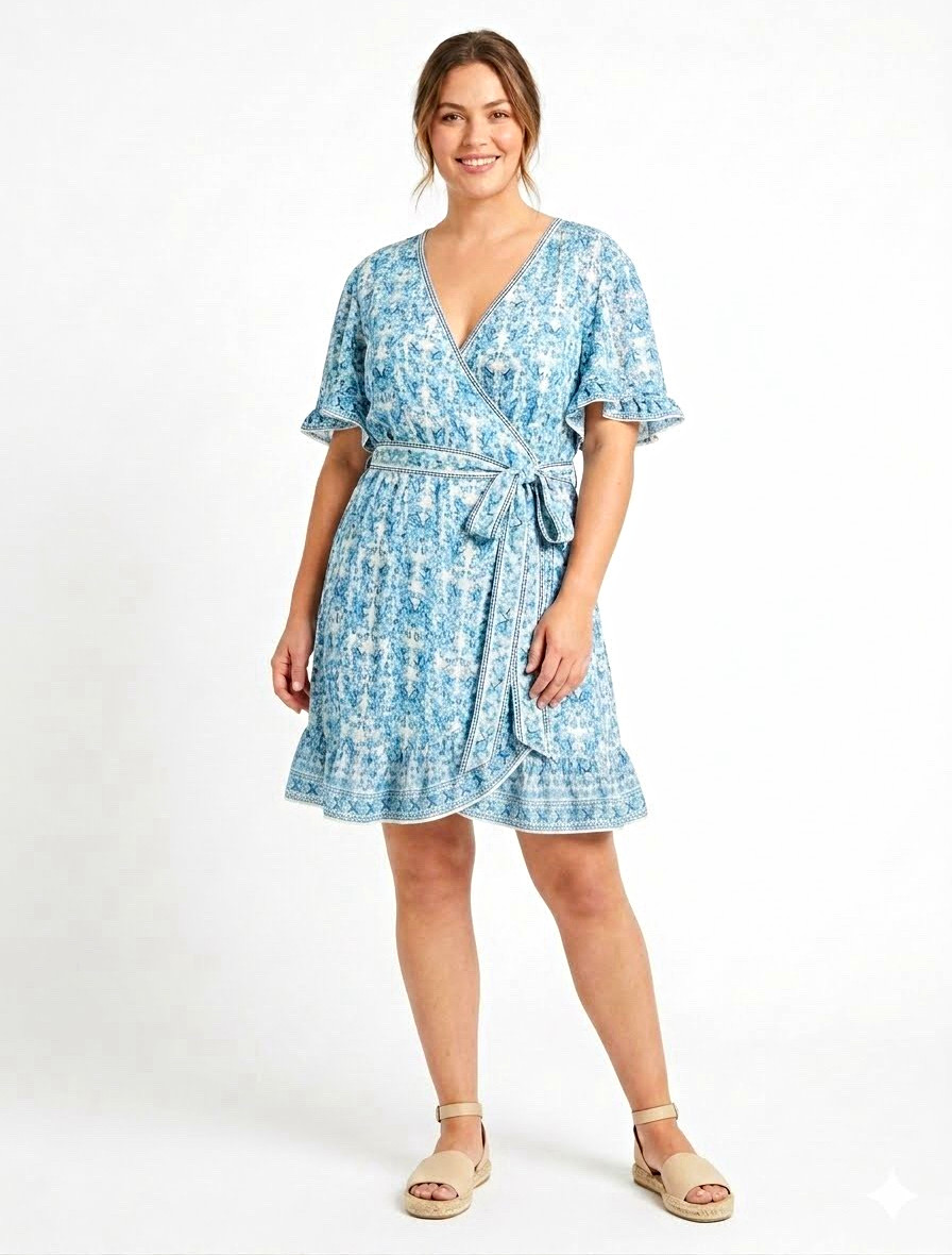 Max Studio S Blue/White Floral Wrap mini Dress V-Neck Smocked Ruffle Flutter Tie
