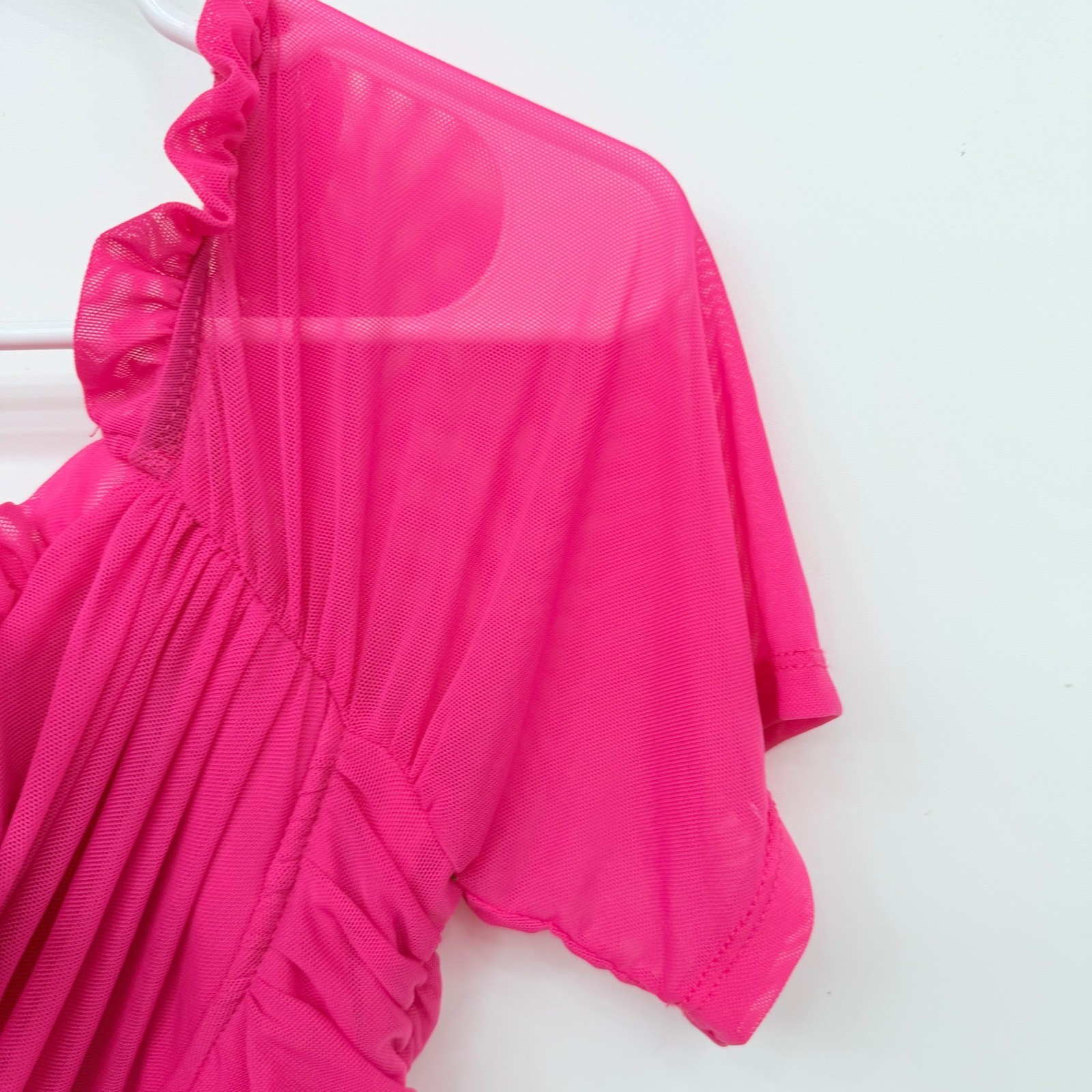 SHEINBAE Plus Ruched Mesh Off Shoulder Bodycon Mini Dress Womens 0XL Hot Pink
