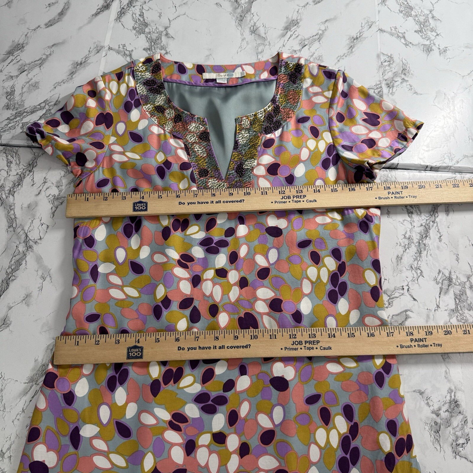 Boden Silk Blend Dress Split Neck Modern Colorful Size 6 Beaded Neckline
