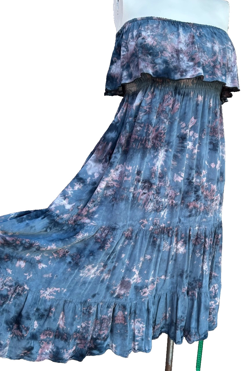 Blue Tie Dye Strapless Smocked Midi Dress M L Tiered Boho Ruffle Summer Beach