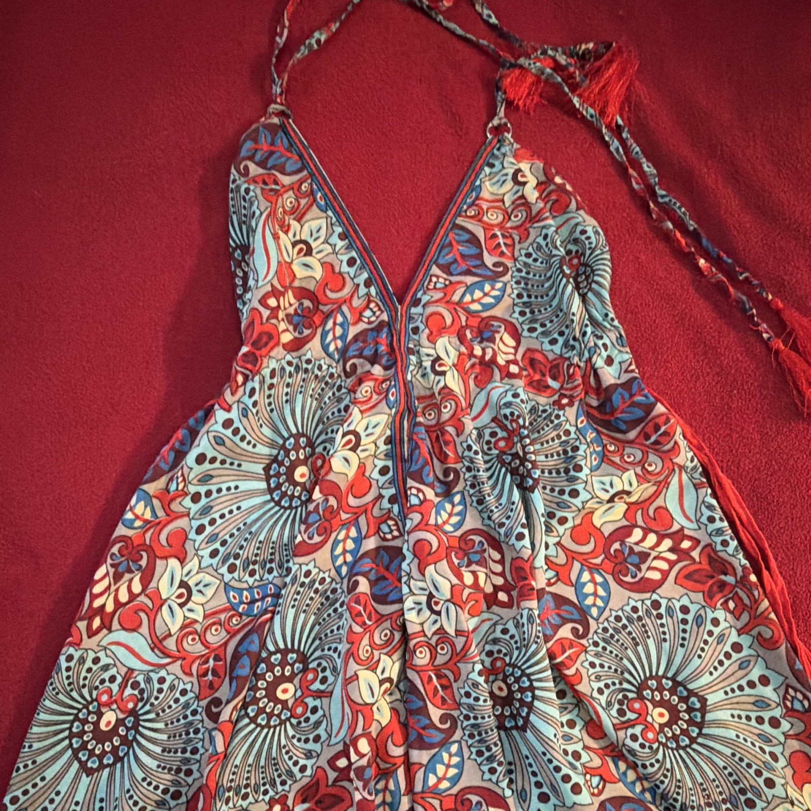 CELINA Red Blue White Floral Strappy Sleeveless V-Neck Mini Dress One Size