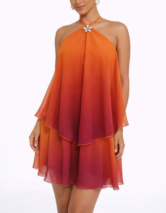 OMBRÉ SLEEVELESS HALTER TOP LAYERED CHIFFON BACKLESS MINI DRESS SIZE MEDIUM NWOT