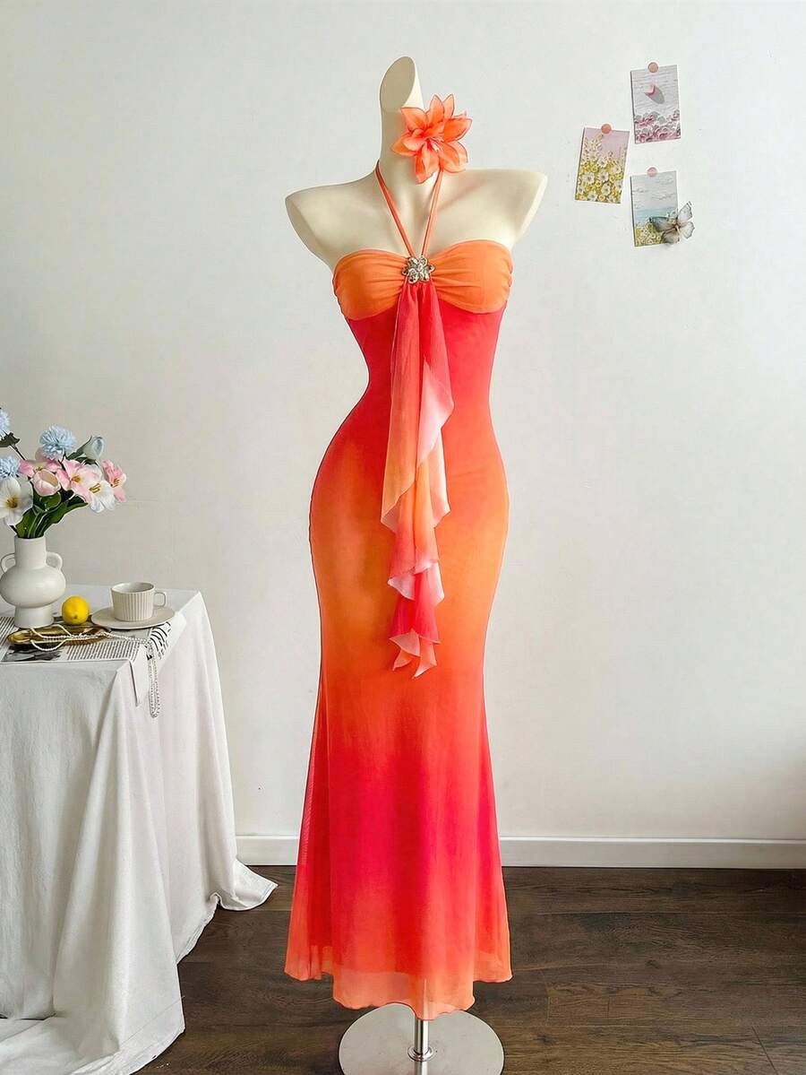 Elegant Ombre Mesh Maxi Dress Halter Metal Buckle Backless Mermaid Party