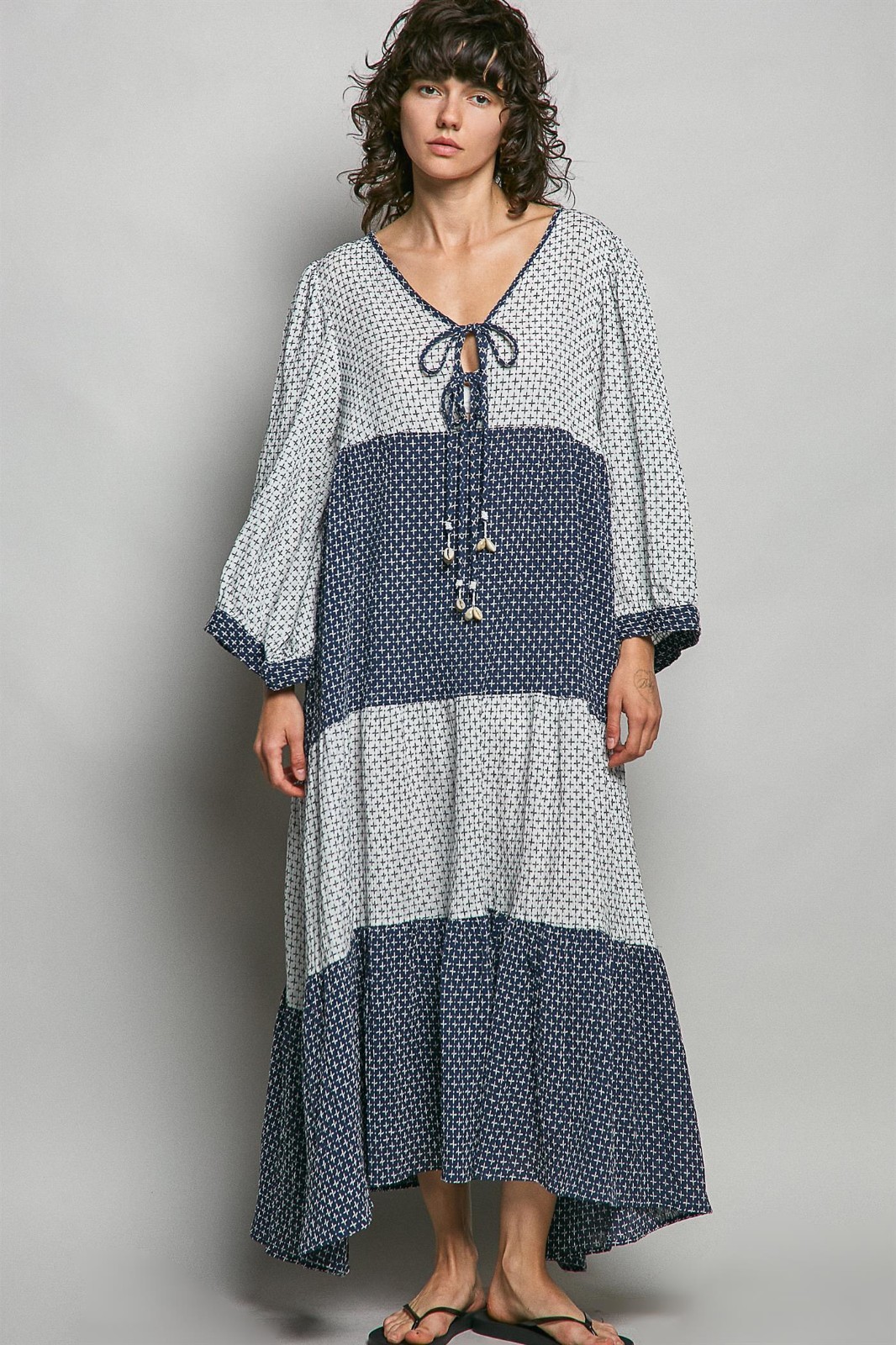 POL Tiered Boho Two-Tone Maxi Dress – Large