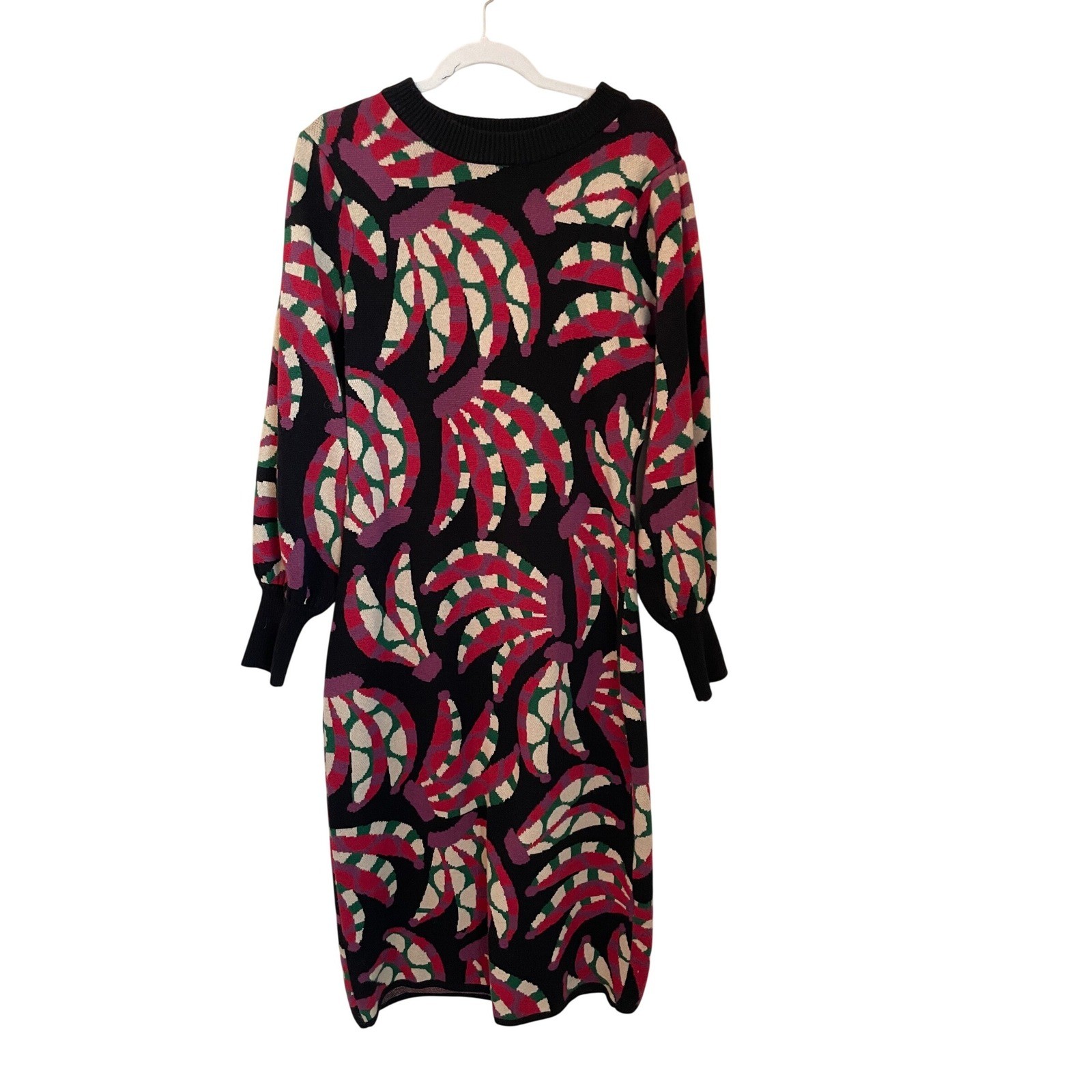 Farm Rio Banana Knit Midi Sweater Dress Black Multi Bishop Sleeve Size L