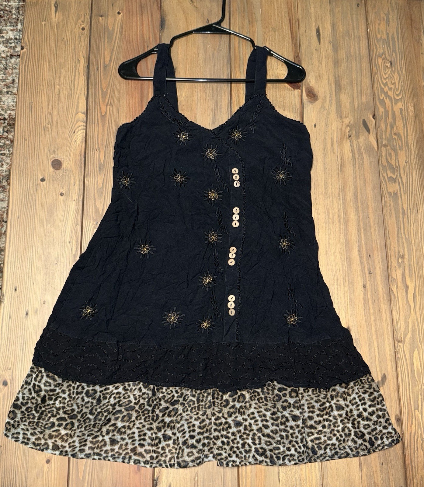 Raya Sun Boho Embroidered Sleeveless Dress Leopard Print Hem Black Women’s L