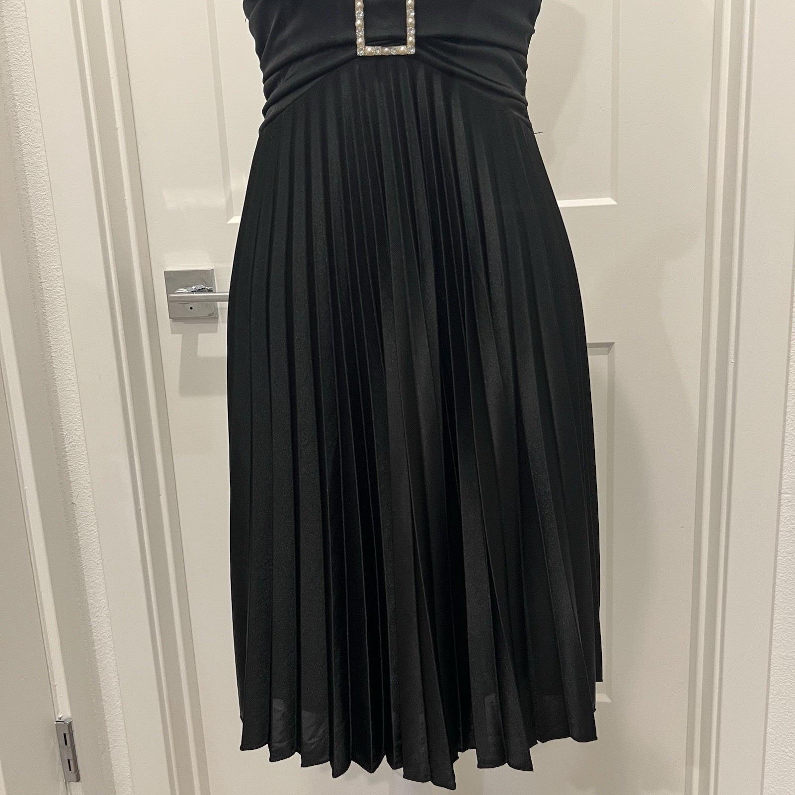 Speechless Y2K Black Satin Pleated Halter Dress Crystal Buckle Size S