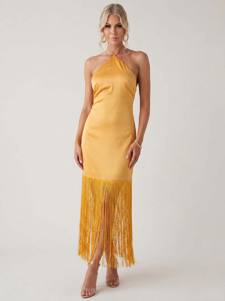 Golden Halter Fringe Midi Dress