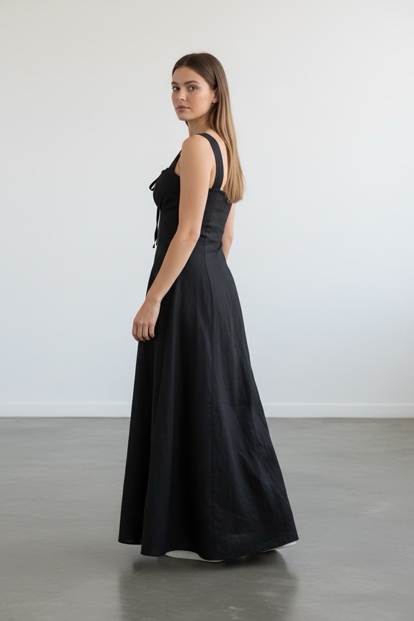 Women’s S Black Solid Maxi Dress Square Neck Sleeveless Backless Lace-Up Bow