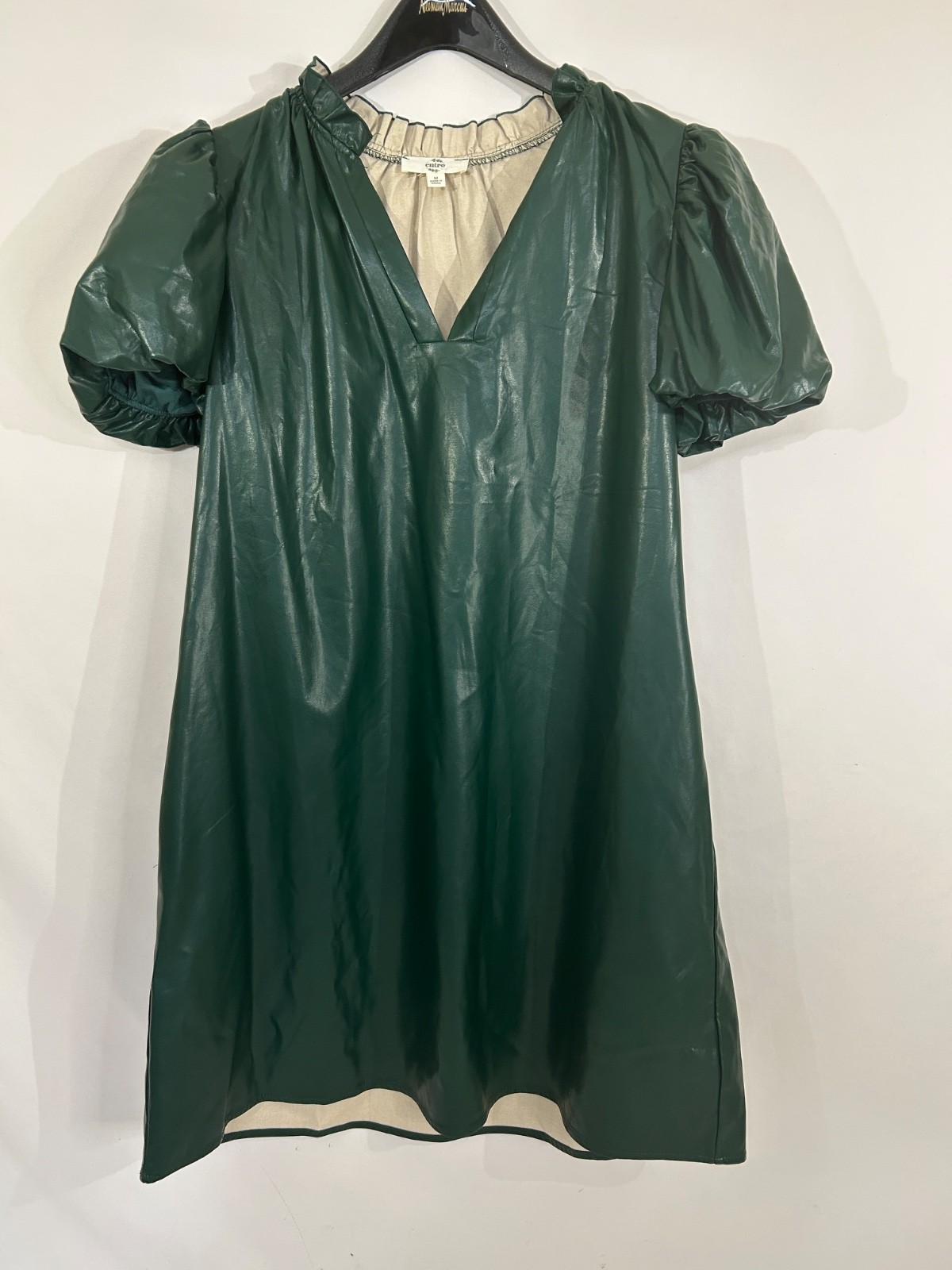 Entro Faux Leather Tiered Ruffle Sleeve Dress Minimalist Neutral Green Sz M