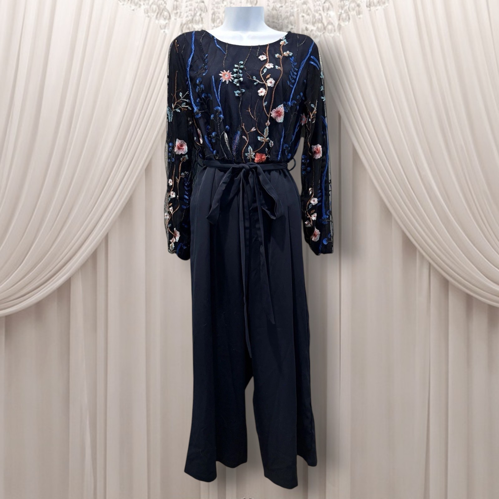 NEW Bloomchic Floral Jumpsuit Womens 10 Blue Sheer Overlay Embroidered Party