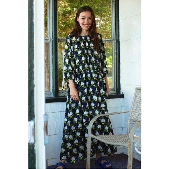 Anthropologie Whit 100% SIlk Sadie Dress Long Navy Floral Maxi sz Small NEW $568
