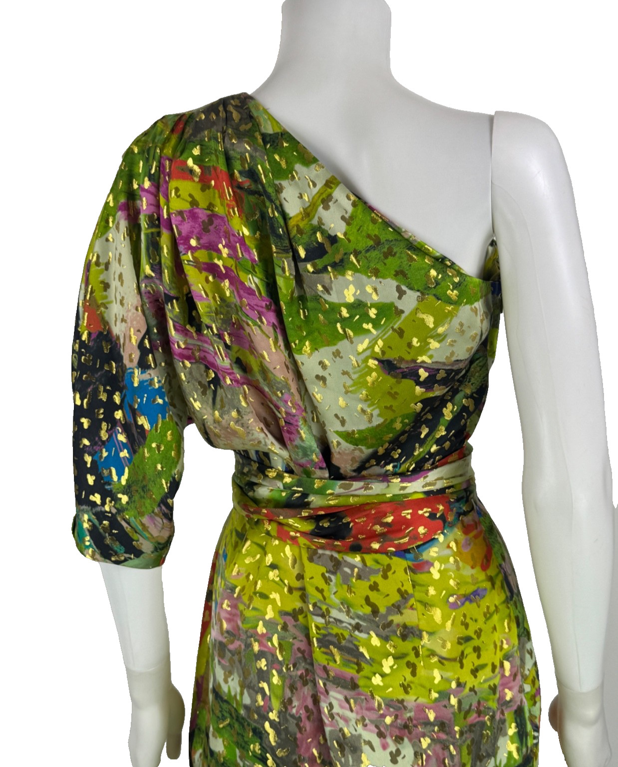 Naeem Khan One Shoulder Resort Midi Silk Dress 8 US 44 IT M Green Gold Belted